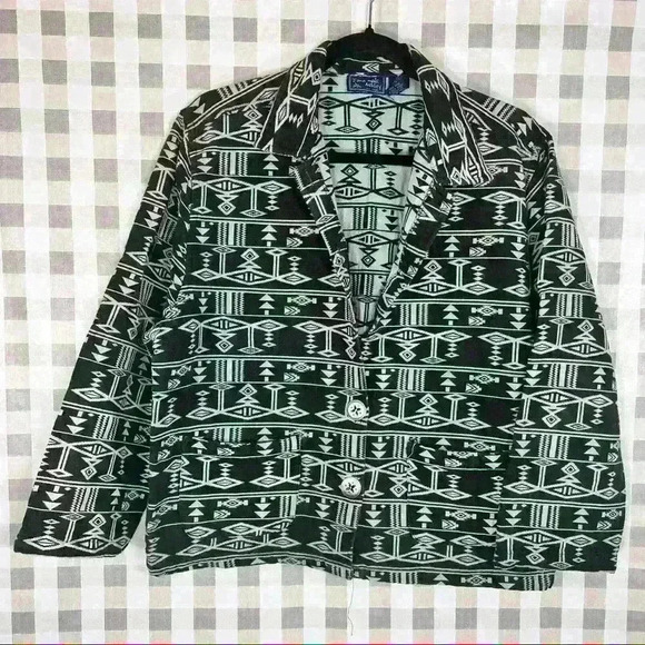 JANE ASHLEY Womens Sz XL Aztec Pattern Black White Blazer Jacket Cotton Western - Picture 1 of 12